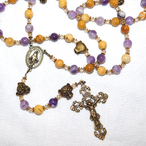 Amethyst and Yellow Jade "LSU" 5-Decade Rosary - Antique Gold Tone