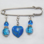 Blue Lampwork Glass w/Blue Jasper Heart Silver Kilt Pin