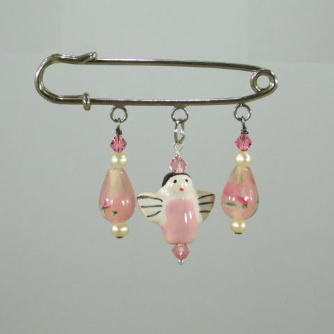 Pink Lampwork Glass & Ceramic Angel Silver Kilt Pin