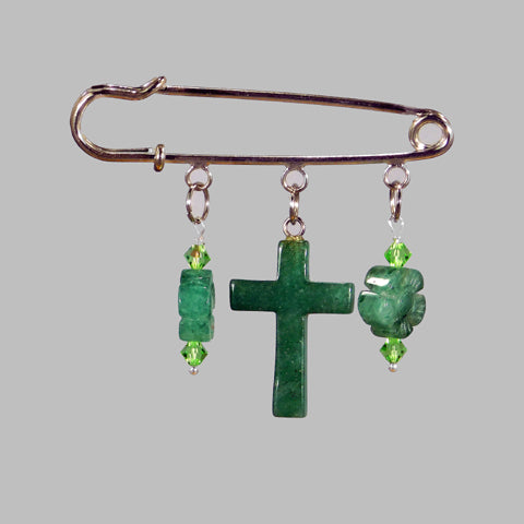 Green Aventurine Cross Silver Kilt Pin
