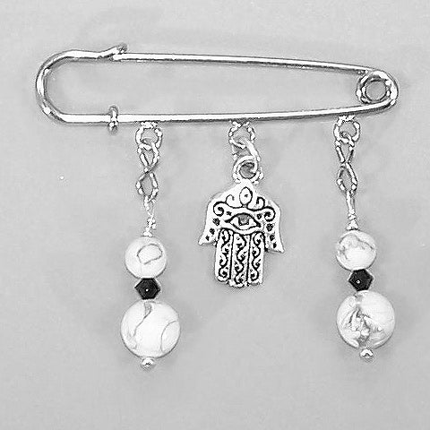 White Howlite Hamsa Silver Kilt Pin