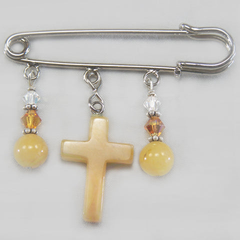 Yellow Jade Cross Silver Kilt Pin