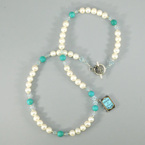 Natural Pearl, Turquoise, & Book Charm Necklace