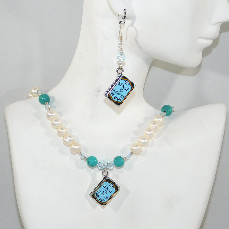 Natural Pearl, Turquoise, & Book Charm Necklace