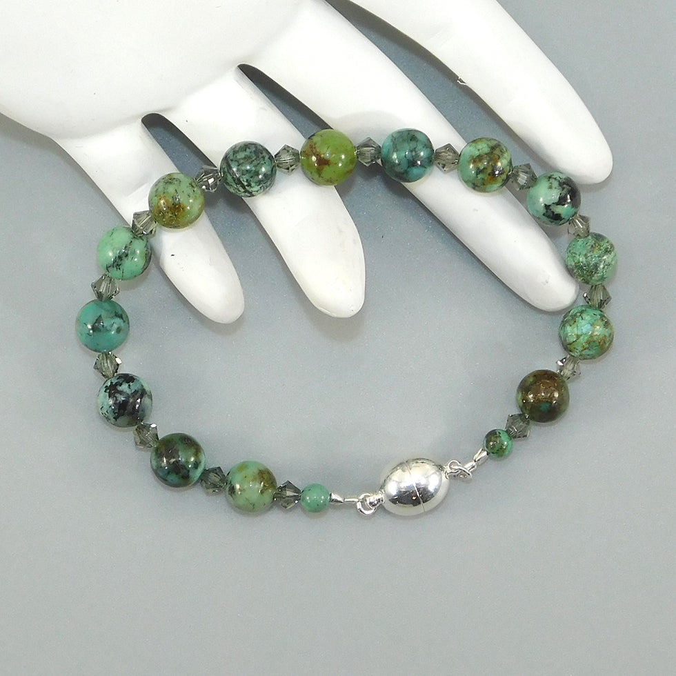 African Turquoise Oval Sterling Beaded Bracelet (w/Magnetic Clasp)