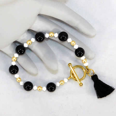 Black Onyx & Swarovski Beaded Bracelet w/Tassel