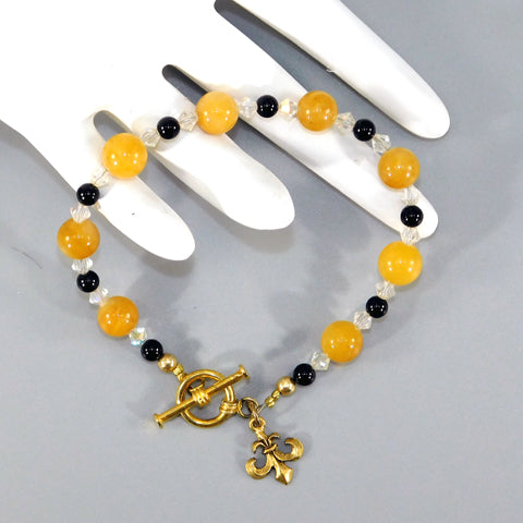 Yellow Jade, Swarovski, & Onyx Beaded Bracelet