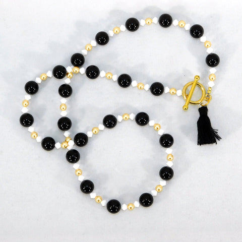 Black Onyx & Swarovski Necklace w/Tassel