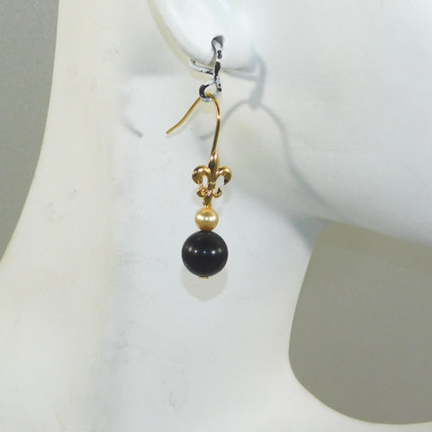Black Onyx & Gold Swarovski Pearl Fleur de Lis Earrings