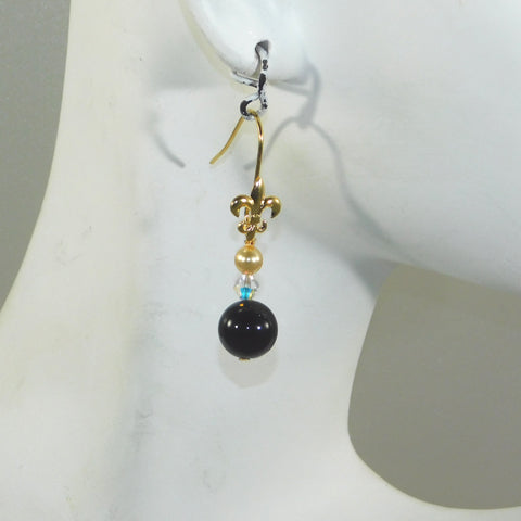 Black Onyx & Gold Swarovski Pearl Fleur de Lis Earrings