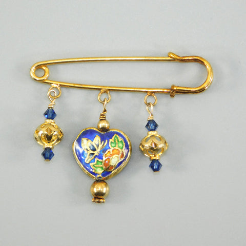 Blue Cloisonné Heart Gold Kilt Pin
