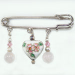 White Cloisonné Heart w/Rose Quartz Silver Kilt Pin